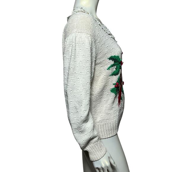 Bechamel White Hand-Knit Sweater with Lace Collar & Holiday Bow Design, Size M - Picture 7 of 11